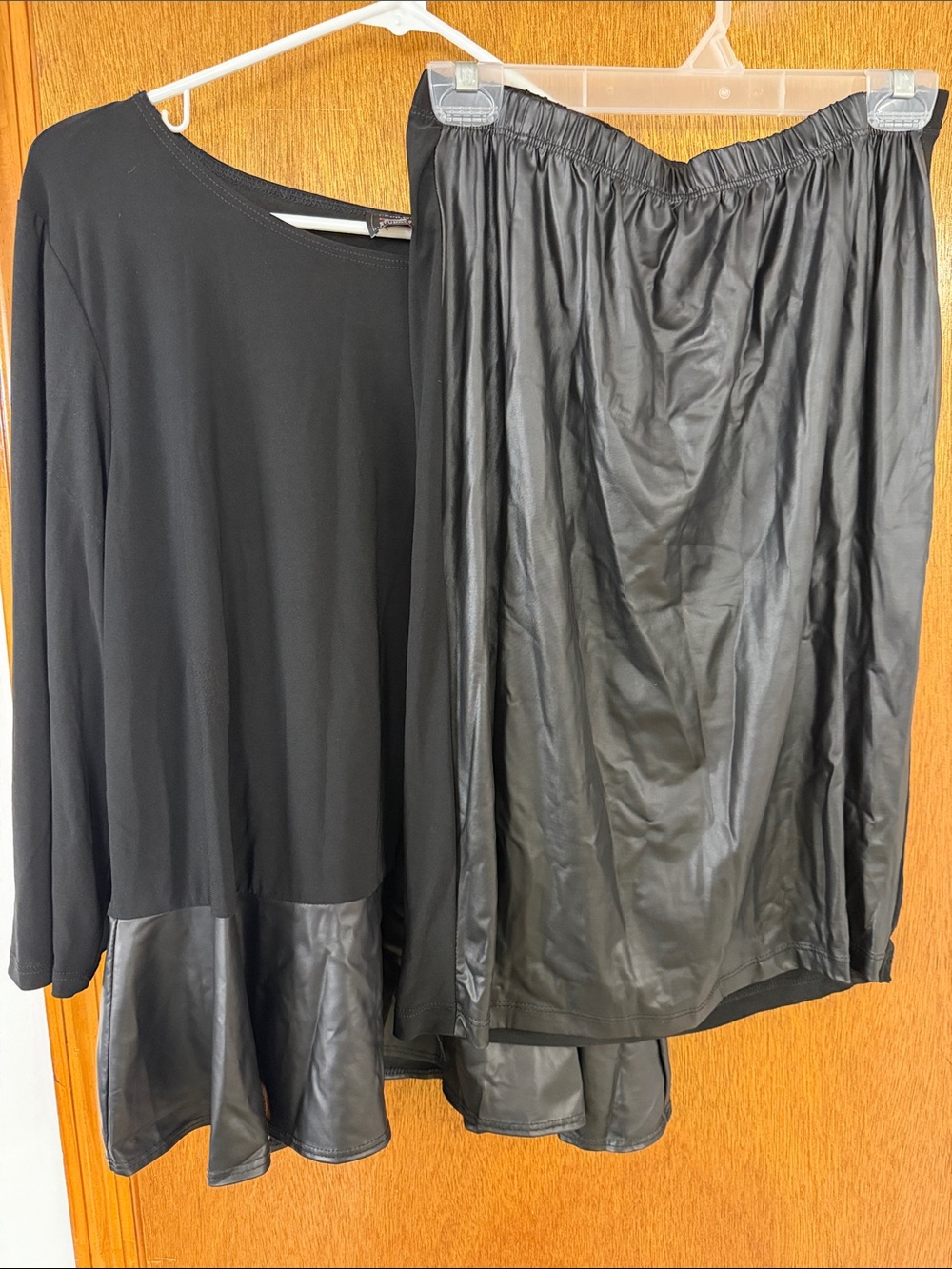 Black Faux Leather Shirt & Skirt Set Women's